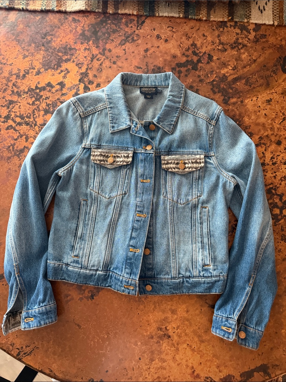 Pendleton Mid Blue Denim Jean Jacket with Patterned Flap Accents